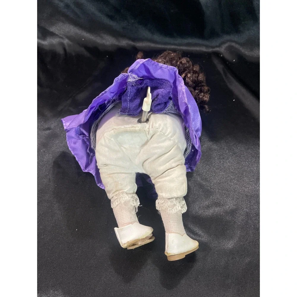 Vintage Musical Porcelain Doll Purple Velvet Lace Dress Brown Curls‎ Blue Eyes